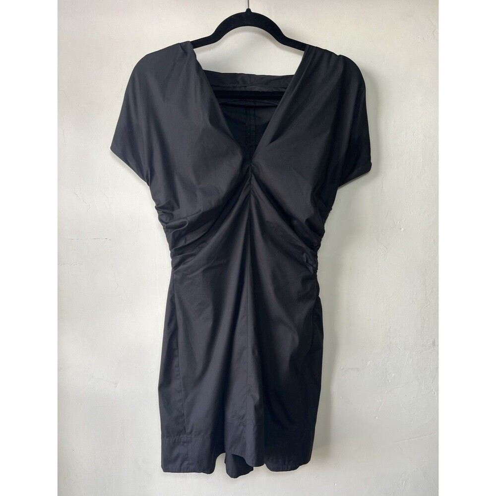 Prada Black V-Neck Sheath Dress Knee Length Pleated Zip Short Sleeve Size 40